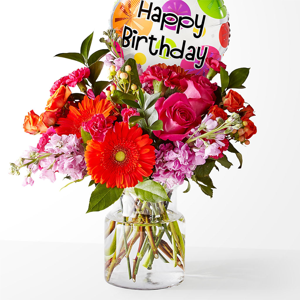 Fiesta Bouquet with Birthday Balloon – Everythings Blooming Florist, San Jose CA