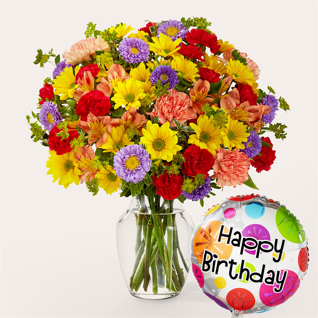 Kaleidoscope Bouquet with Birthday Balloon – Everythings Blooming Florist, San Jose CA