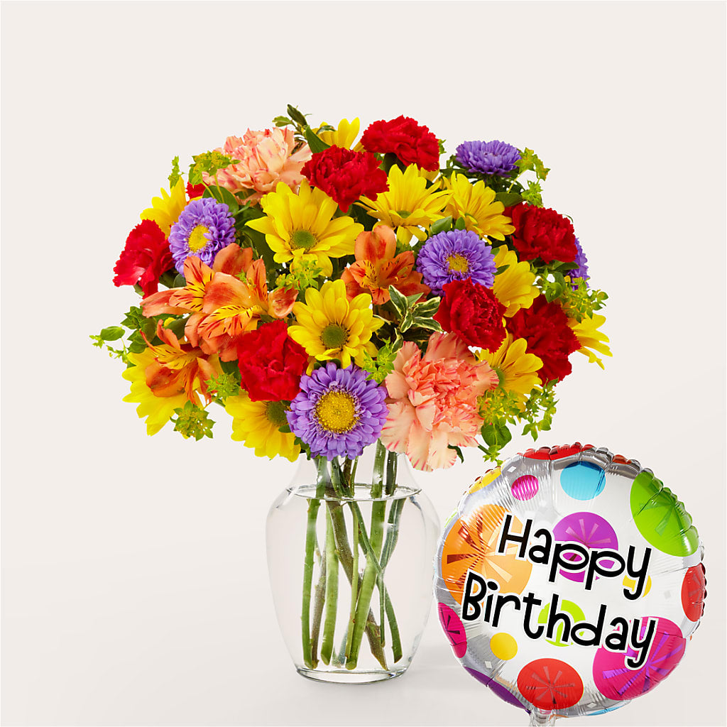 Kaleidoscope Bouquet with Birthday Balloon – Everythings Blooming Florist, San Jose CA