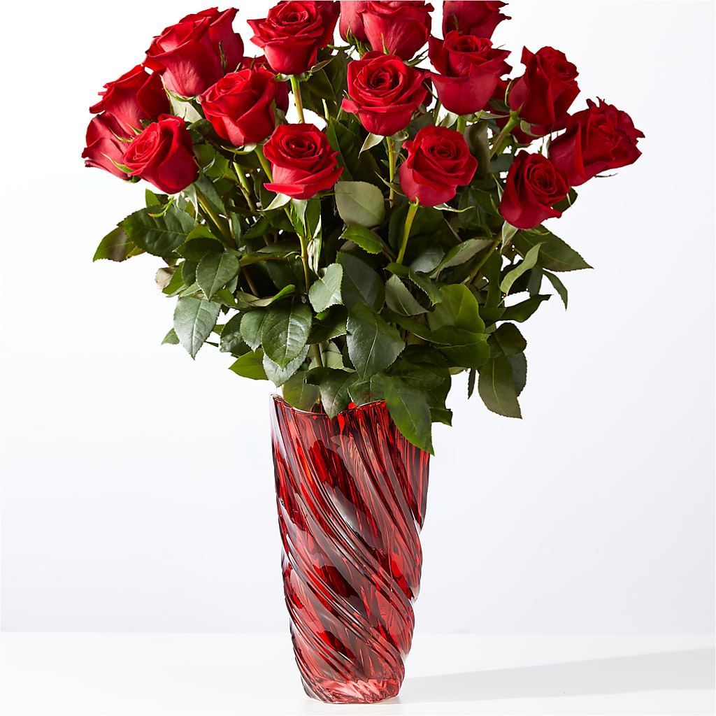Classic Love Red Rose Bouquet with Luxe Swirl Vase – Everythings Blooming Florist, San Jose CA